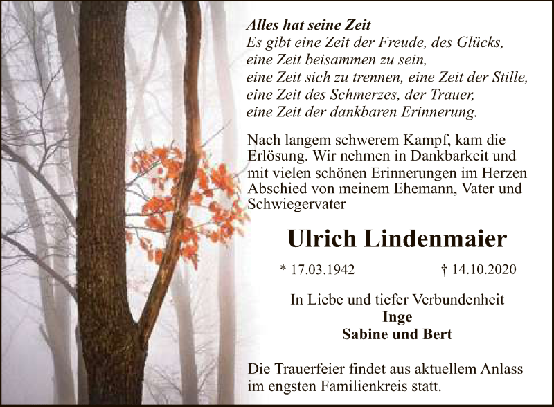  Traueranzeige für Ulrich Lindenmaier vom 17.10.2020 aus Reutlinger General-Anzeiger