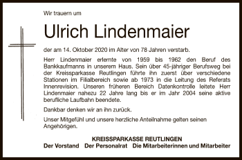 Anzeige von Ulrich Lindenmaier von Reutlinger General-Anzeiger