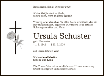 Anzeige von Ursula Schuster von Reutlinger General-Anzeiger