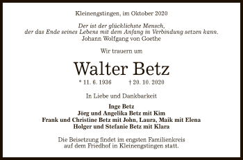 Anzeige von Walter Betz von Reutlinger General-Anzeiger