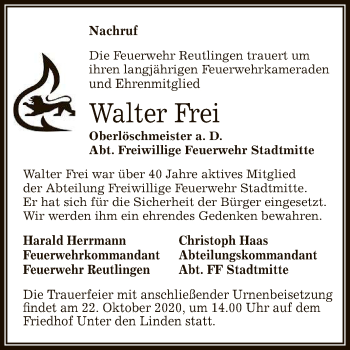 Anzeige von Walter Frei von Reutlinger General-Anzeiger