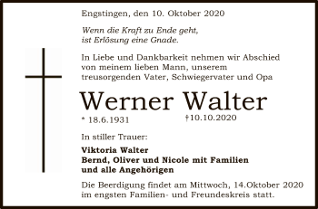 Anzeige von Werner Walter von Reutlinger General-Anzeiger