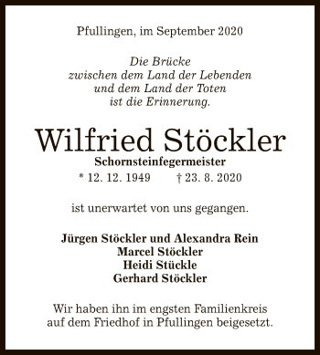 Anzeige von Wilfried Stöckler von Reutlinger General-Anzeiger