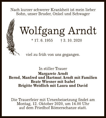 Anzeige von Wolfgang Arndt von Reutlinger General-Anzeiger