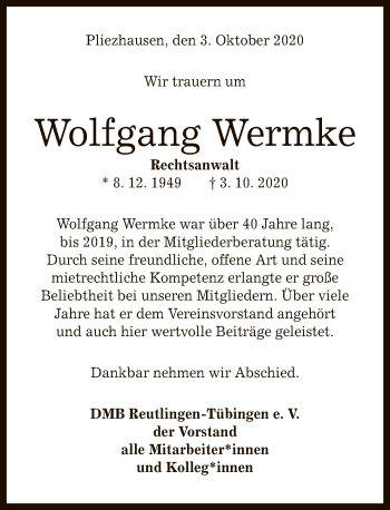 Anzeige von Wolfgang Wermke von Reutlinger General-Anzeiger