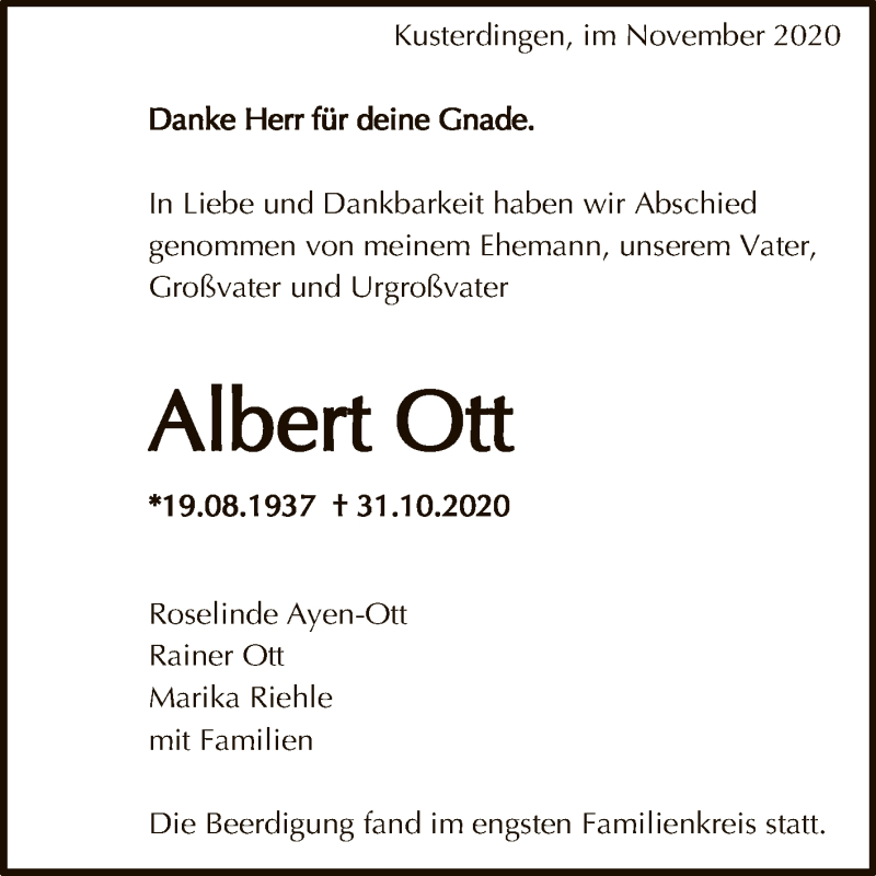  Traueranzeige für Albert Ott vom 11.11.2020 aus Reutlinger General-Anzeiger