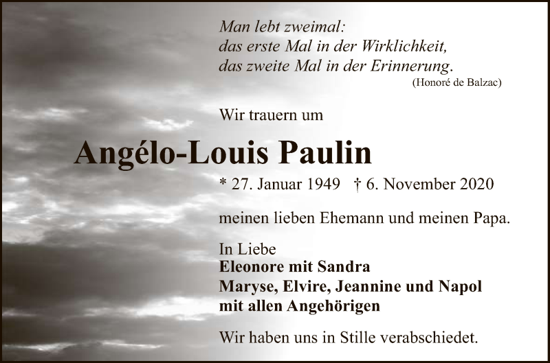  Traueranzeige für Angélo-Louis Paulin vom 14.11.2020 aus Reutlinger General-Anzeiger