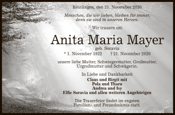 Anzeige von Anita Maria Mayer von Reutlinger General-Anzeiger