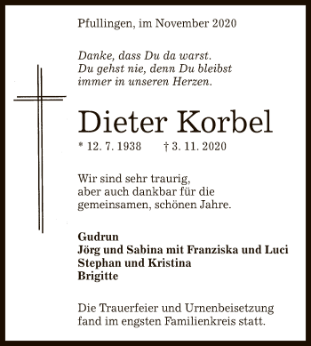 Anzeige von Dieter Korbel von Reutlinger General-Anzeiger