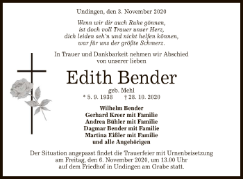 Anzeige von Edith Bender von Reutlinger General-Anzeiger