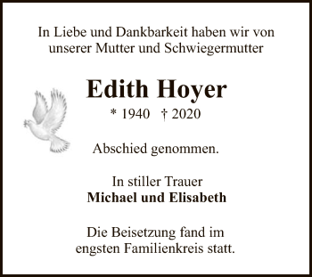 Anzeige von Edith Hoyer von Reutlinger General-Anzeiger