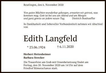 Anzeige von Edith Langfeld von Reutlinger General-Anzeiger