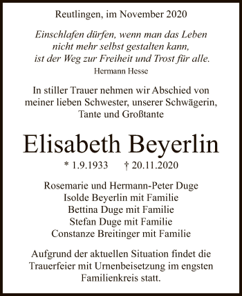 Anzeige von Elisabeth Beyerlin von Reutlinger General-Anzeiger