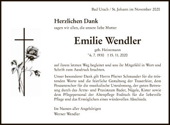 Anzeige von Emilie Wendler von Reutlinger General-Anzeiger