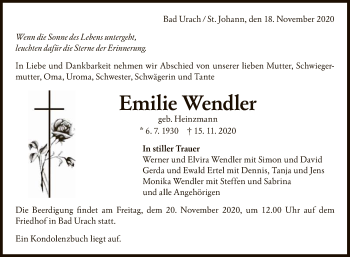 Anzeige von Emilie Wendler von Reutlinger General-Anzeiger