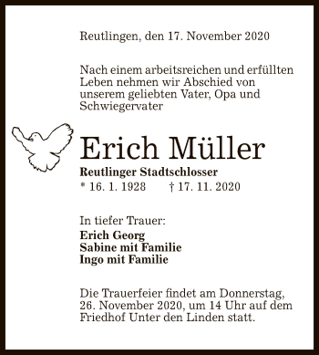 Anzeige von Erich Müller von Reutlinger General-Anzeiger