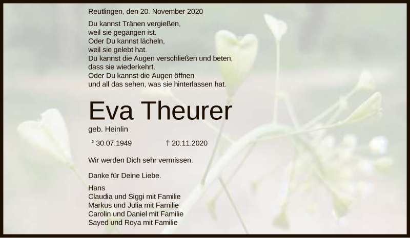  Traueranzeige für Eva Theurer vom 24.11.2020 aus Reutlinger General-Anzeiger
