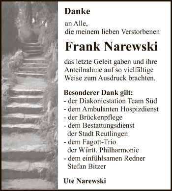 Anzeige von Frank Narewski von Reutlinger General-Anzeiger