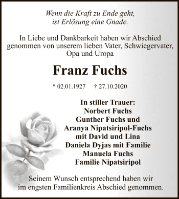 Anzeige von Franz Fuchs von Reutlinger General-Anzeiger