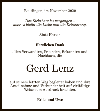 Anzeige von Gerd Lenz von Reutlinger General-Anzeiger