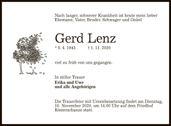 Anzeige von Gerd Lenz von Reutlinger General-Anzeiger