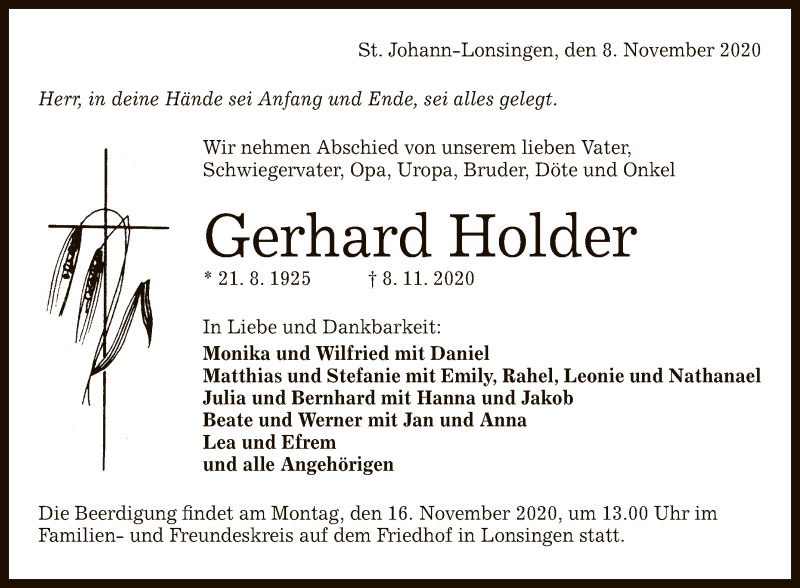  Traueranzeige für Gerhard Holder vom 14.11.2020 aus Reutlinger General-Anzeiger