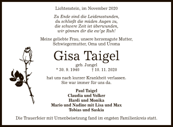 Anzeige von Gisa Taigel von Reutlinger General-Anzeiger