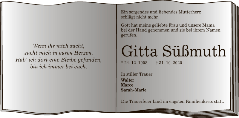  Traueranzeige für Gitta Süßmuth vom 07.11.2020 aus Reutlinger General-Anzeiger