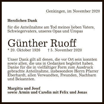 Anzeige von Günther Ruoff von Reutlinger General-Anzeiger