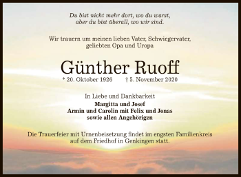 Anzeige von Günther Ruoff von Reutlinger General-Anzeiger