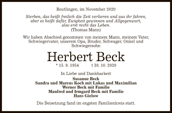 Anzeige von Herbert Beck von Reutlinger General-Anzeiger