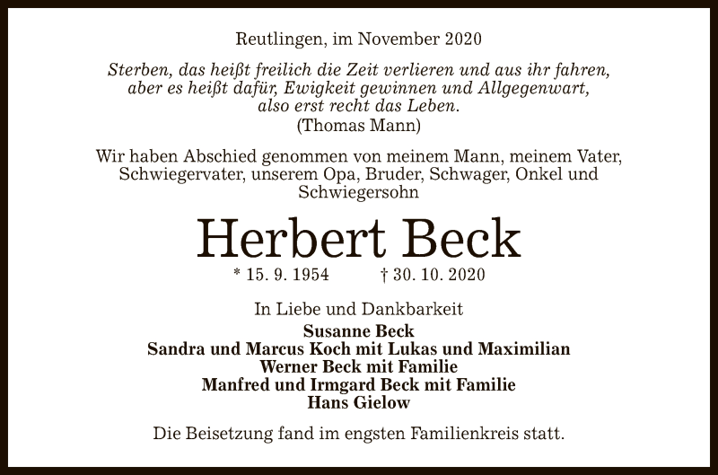  Traueranzeige für Herbert Beck vom 14.11.2020 aus Reutlinger General-Anzeiger