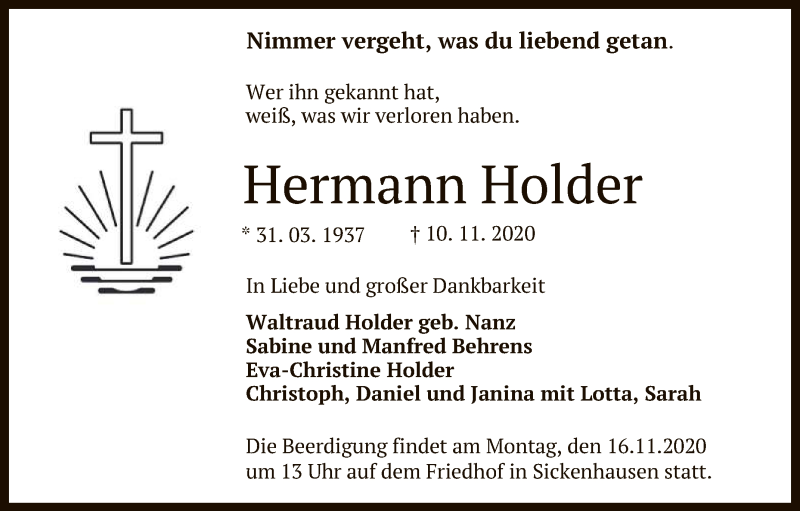  Traueranzeige für Hermann Holder vom 14.11.2020 aus Reutlinger General-Anzeiger