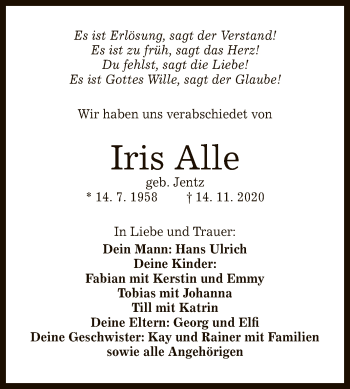 Anzeige von Iris Alle von Reutlinger General-Anzeiger
