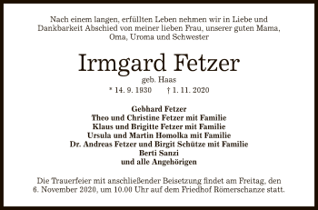 Anzeige von Irmgard Fetzer von Reutlinger General-Anzeiger