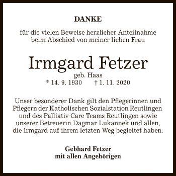 Anzeige von Irmgard Fetzer von Reutlinger General-Anzeiger