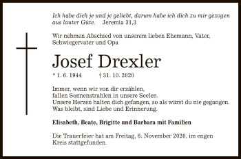 Anzeige von Josef Drexler von Reutlinger General-Anzeiger
