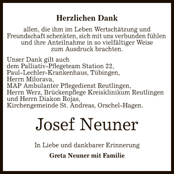 Anzeige von Josef Neuner von Reutlinger General-Anzeiger