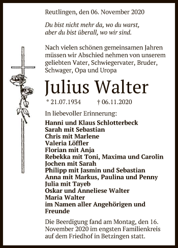 Anzeige von Julius Walter von Reutlinger General-Anzeiger