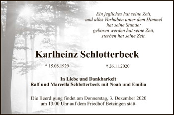 Anzeige von Karlheinz Schlotterbeck von Reutlinger General-Anzeiger