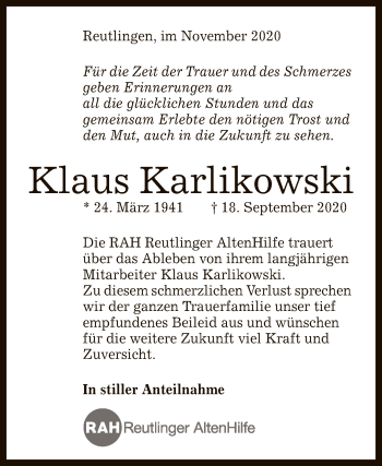 Anzeige von Klaus Karlikowski von Reutlinger General-Anzeiger