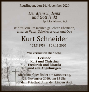 Anzeige von Kurt Schneider von Reutlinger General-Anzeiger
