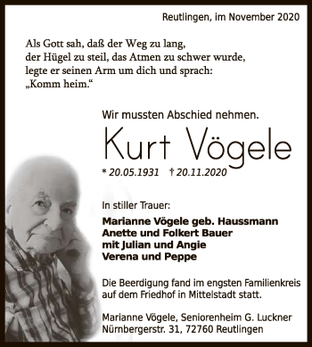 Anzeige von Kurt Vögele von Reutlinger General-Anzeiger