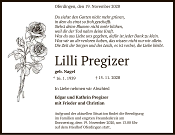 Anzeige von Lilli Pregizer von Reutlinger General-Anzeiger