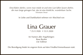 Anzeige von Lina Grauer von Reutlinger General-Anzeiger