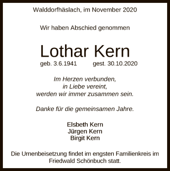 Anzeige von Lothar Kern von Reutlinger General-Anzeiger