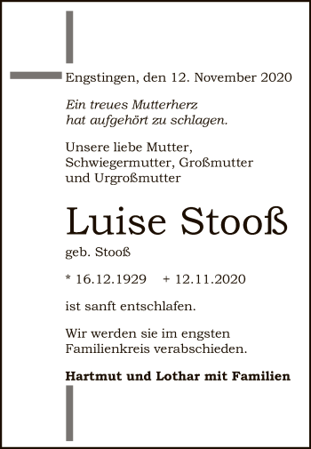 Anzeige von Luise Stooß von Reutlinger General-Anzeiger