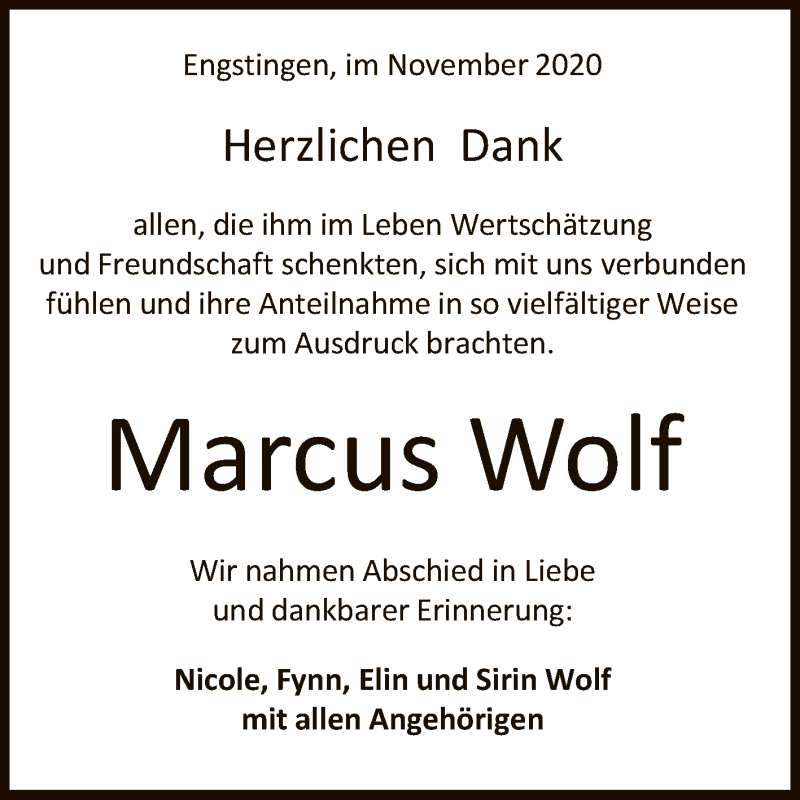 Traueranzeige für Marcus Wolf vom 07.11.2020 aus Reutlinger General-Anzeiger