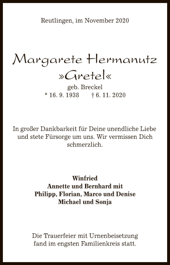 Anzeige von Margarete Hermanutz von Reutlinger General-Anzeiger