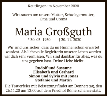 Anzeige von Maria Großguth von Reutlinger General-Anzeiger